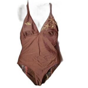 Ocean Dream Brown One Piece Swimsuit with gold embroidery Women's size 12